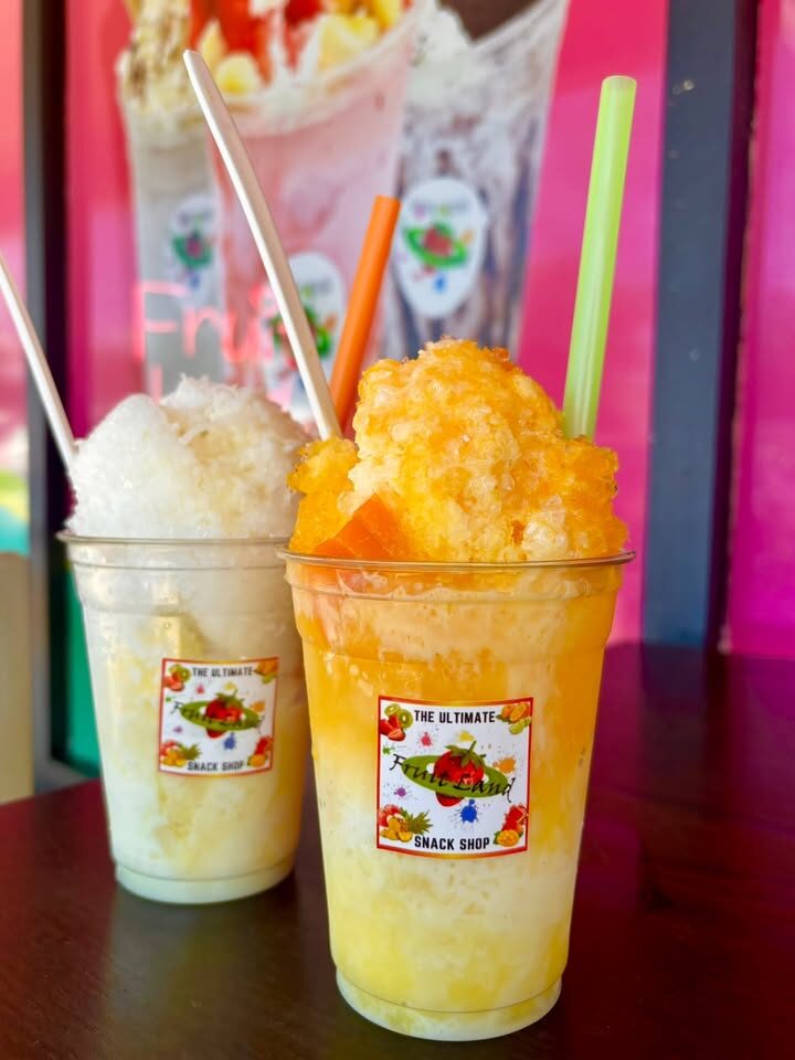 Mango and coconut raspados shaved ice at Fruit Land